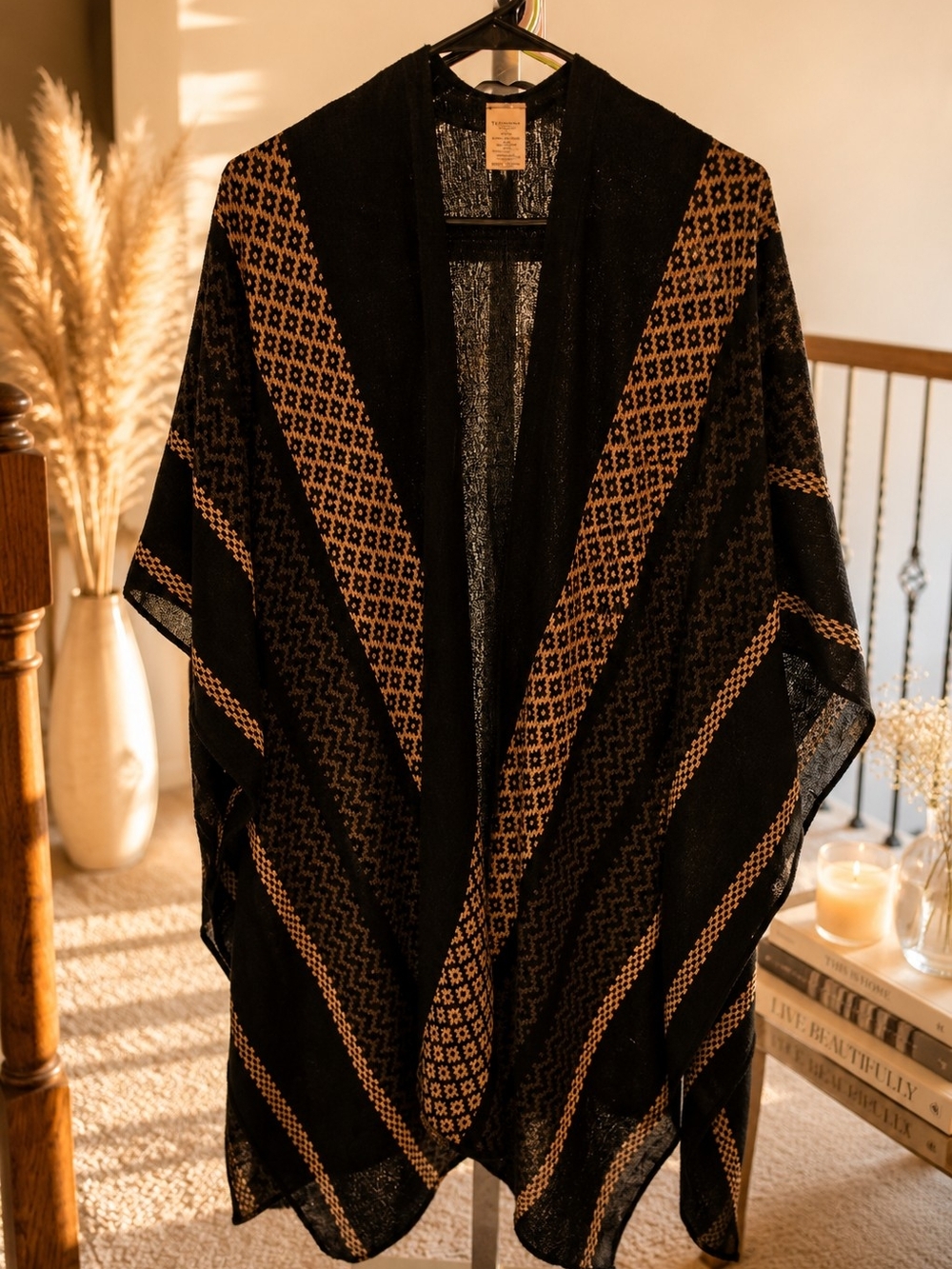 Black and Tan Geometric Open-Front Women's Kimono Jacket